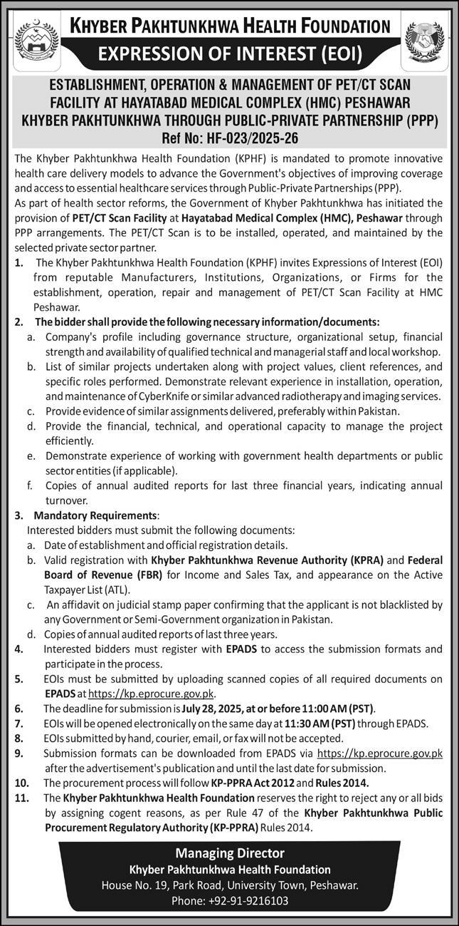 Health Foundation Khyber Pakhtunkhwa Peshawar Tender Notice